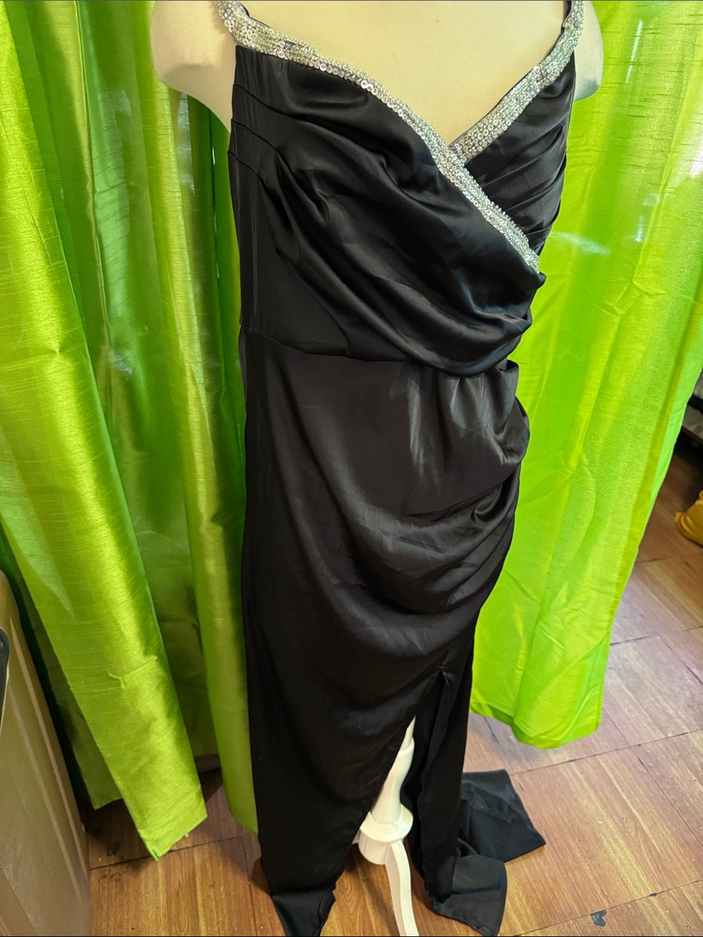 Elegant Black Evening Gown with Silver Trim